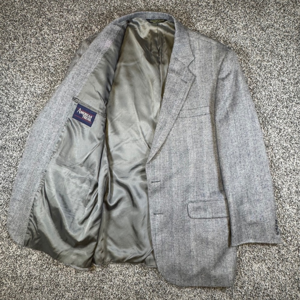 American Trend Blazer Men 44 Grey Tweed Herringbone Wool Blend Made in USA
